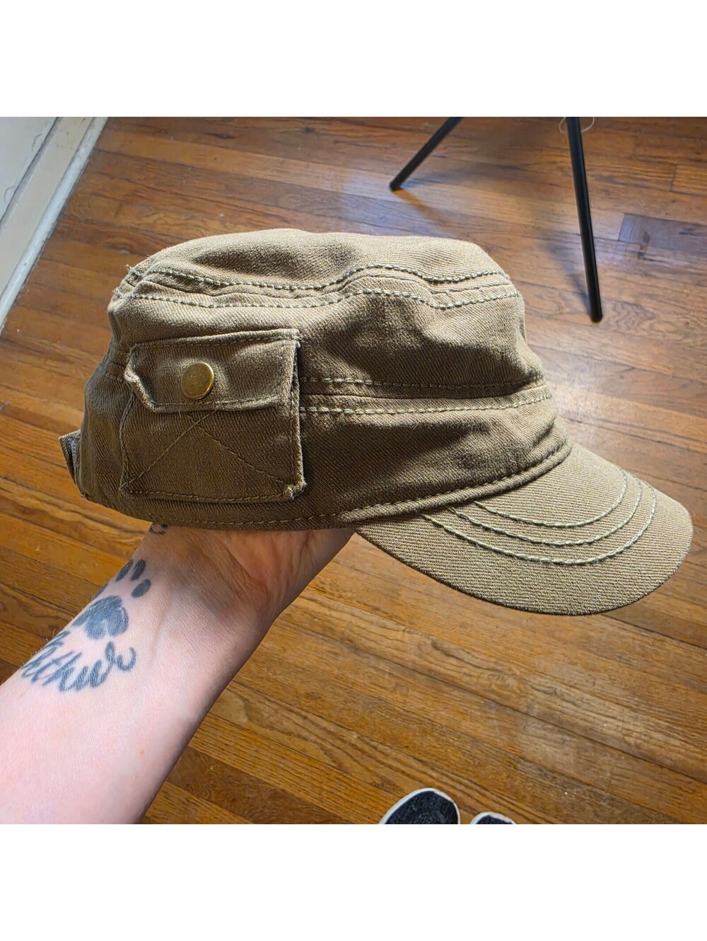 Unisex Khaki Military Style Adjustable Cotton Cap with Side Pocket